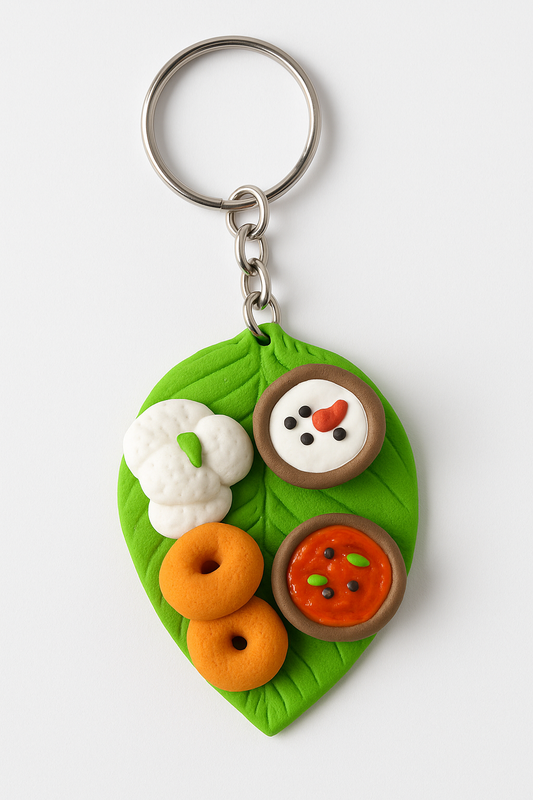 Mini South Indian Breakfast Keychain – Idli, Vada, Chutney & Sambar on Leaf