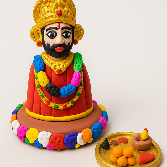 Shree Khatu Shyam Ji Clay Idol with Miniature Pooja Thali – Handcrafted Divine Art
